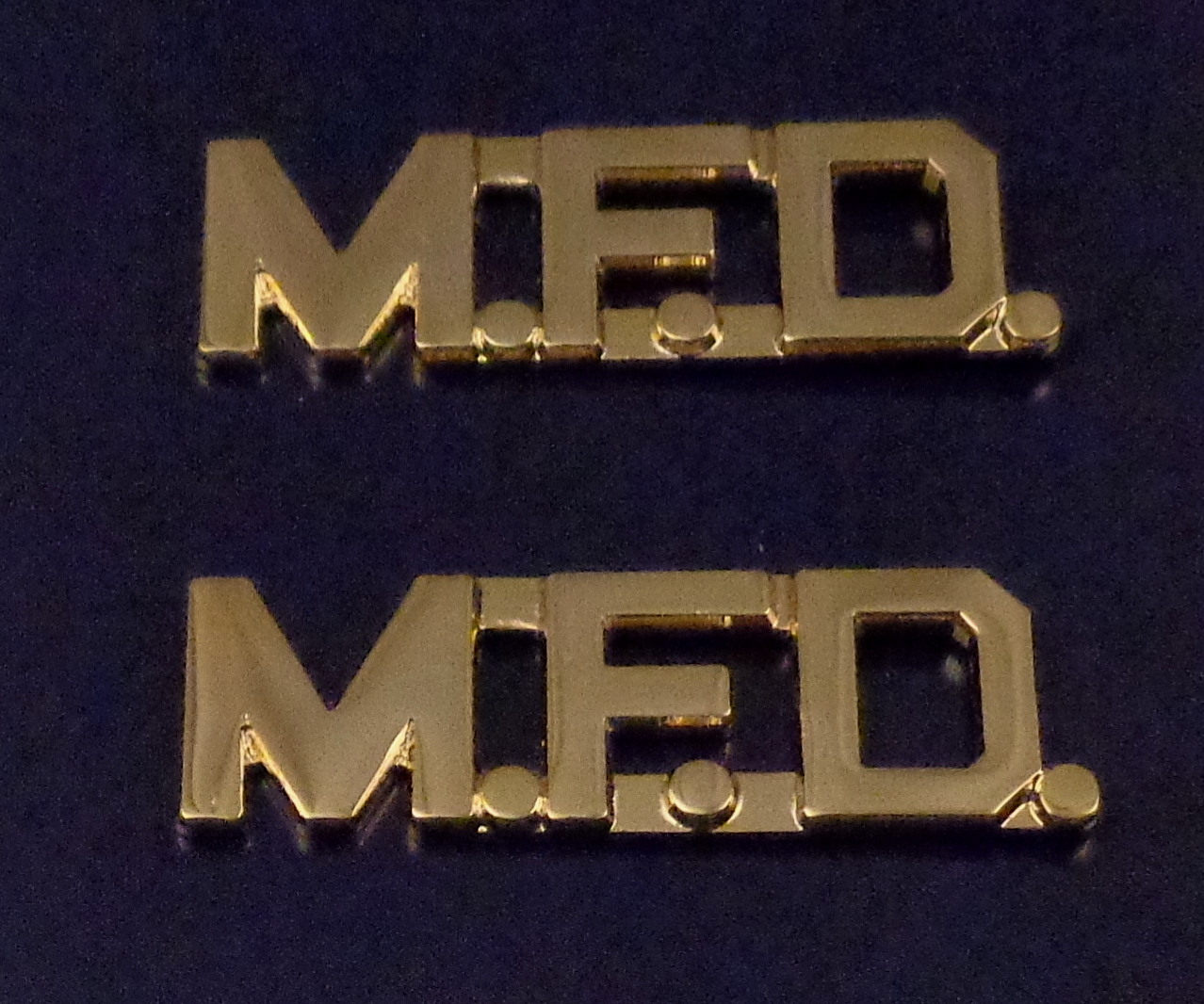 M.F.D. 1/2" Polished Gold Collar Pins with periods